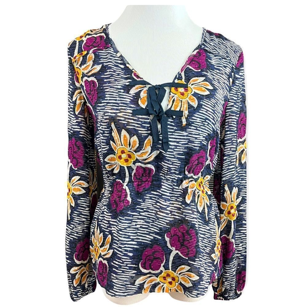 Tory Burch Silk Navy/White/ Purple Floral Peplum Style Blouse Small